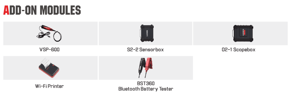 Image describing the add-on modules included with the purchase of an x431 IMMO Pro by Launch.